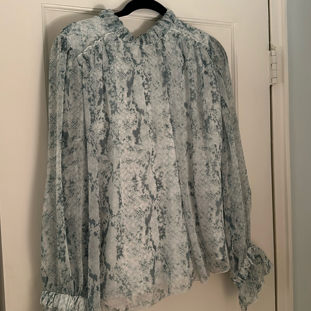 Worn once. Fab’rik long-sleeved, green, snakeskin print blouse. Size L.